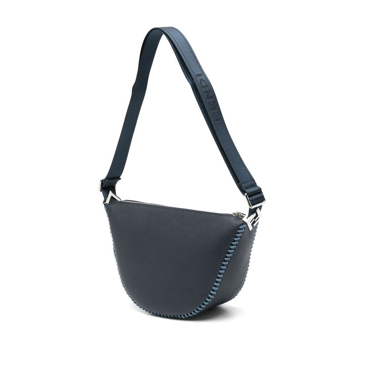 Navy blue shoulder bag with a strap on a white background
