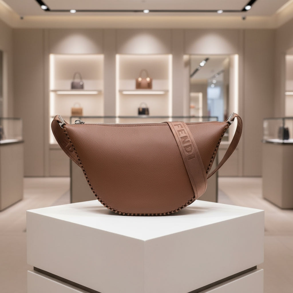 Brown leather bag with 'Fendi' logo on a white background
