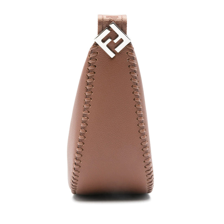 Brown leather keychain with silver logo on a white background