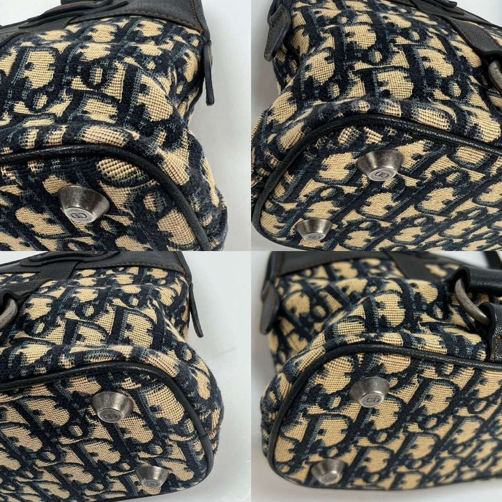CHRISTIAN DIOR Monogram Trotter CD Blue Canvas Hand Bag, featuring luxury design with navy blue and beige colors, showing details.