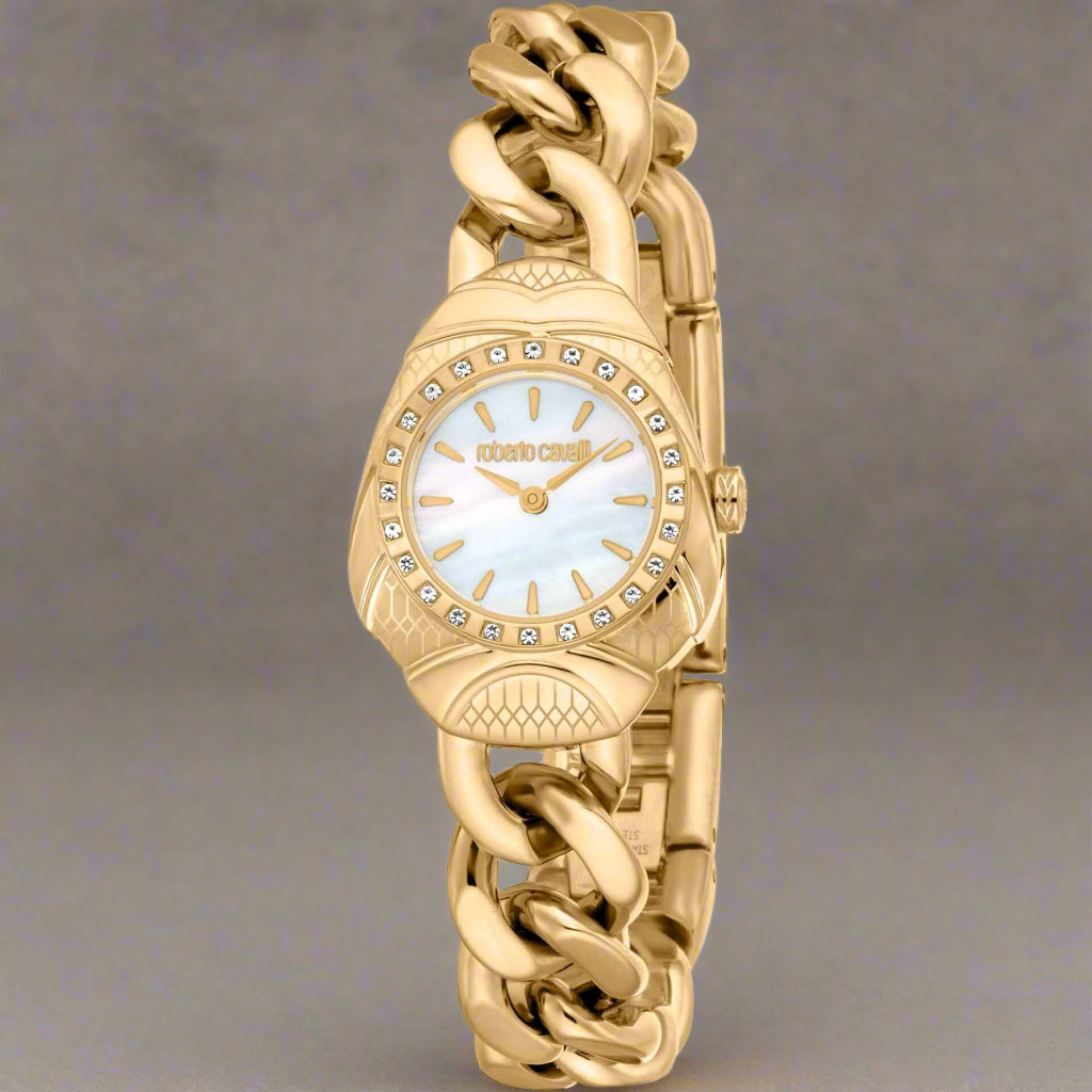 Roberto Cavalli women's stainless steel analog watch with a decorative chain bracelet and mother-of-pearl dial.