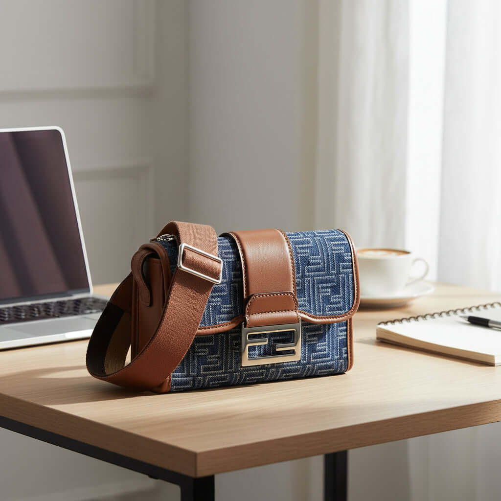 Designer handbag with brown strap and blue pattern on a white background