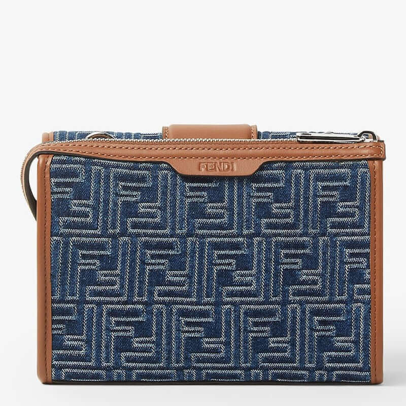 Fendi wallet with blue pattern and brown accents on a white background
