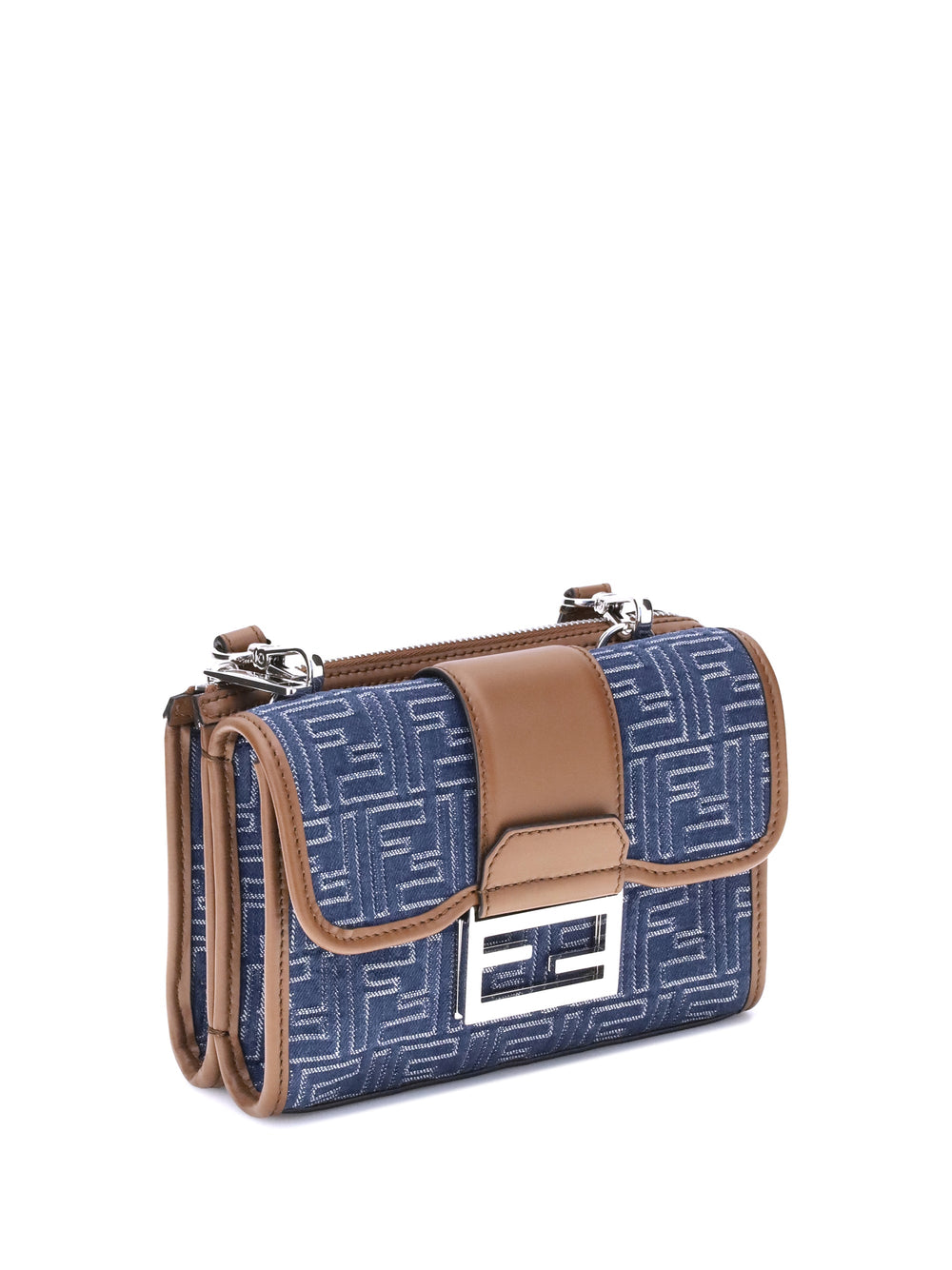 Designer handbag with blue pattern and brown leather accents on a white background