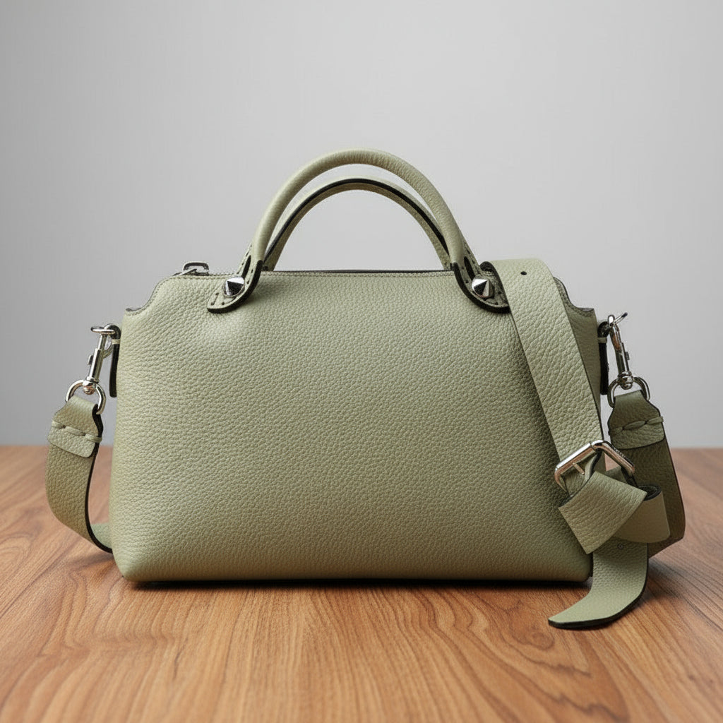 Green handbag with a strap on a white background