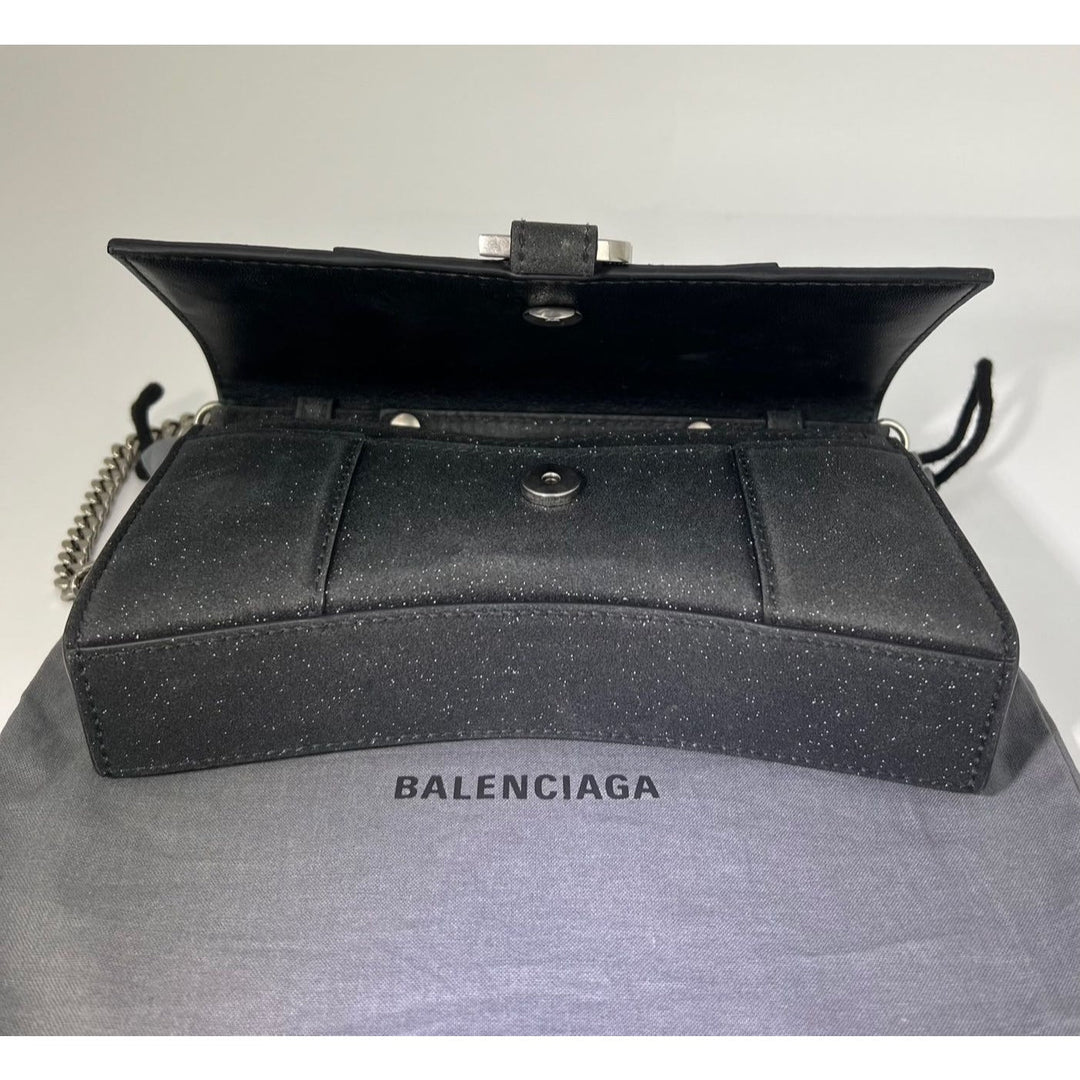 BALENCIAGA Hourglass Wallet On Chain Black Glitter Clutch Shoulder Bag