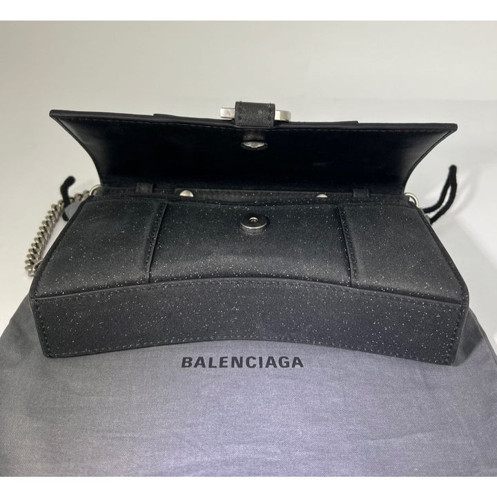 BALENCIAGA Hourglass Wallet On Chain Black Glitter Clutch Shoulder Bag
