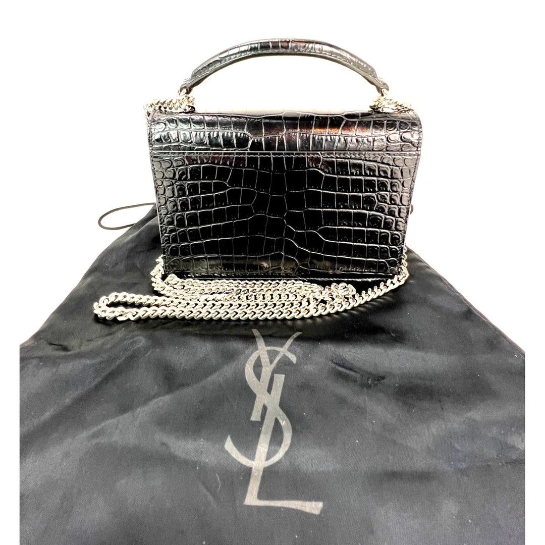 Saint Laurent Black Leather Sunset Wallet on a Chain Crocodile Embossed Bag