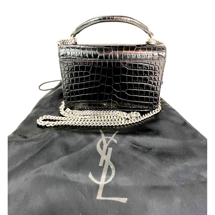 Saint Laurent Black Leather Sunset Wallet on a Chain Crocodile Embossed Bag