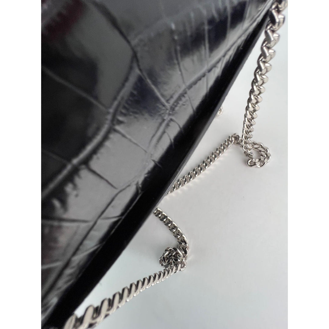 Saint Laurent Black Leather Sunset Wallet on a Chain Crocodile Embossed Bag