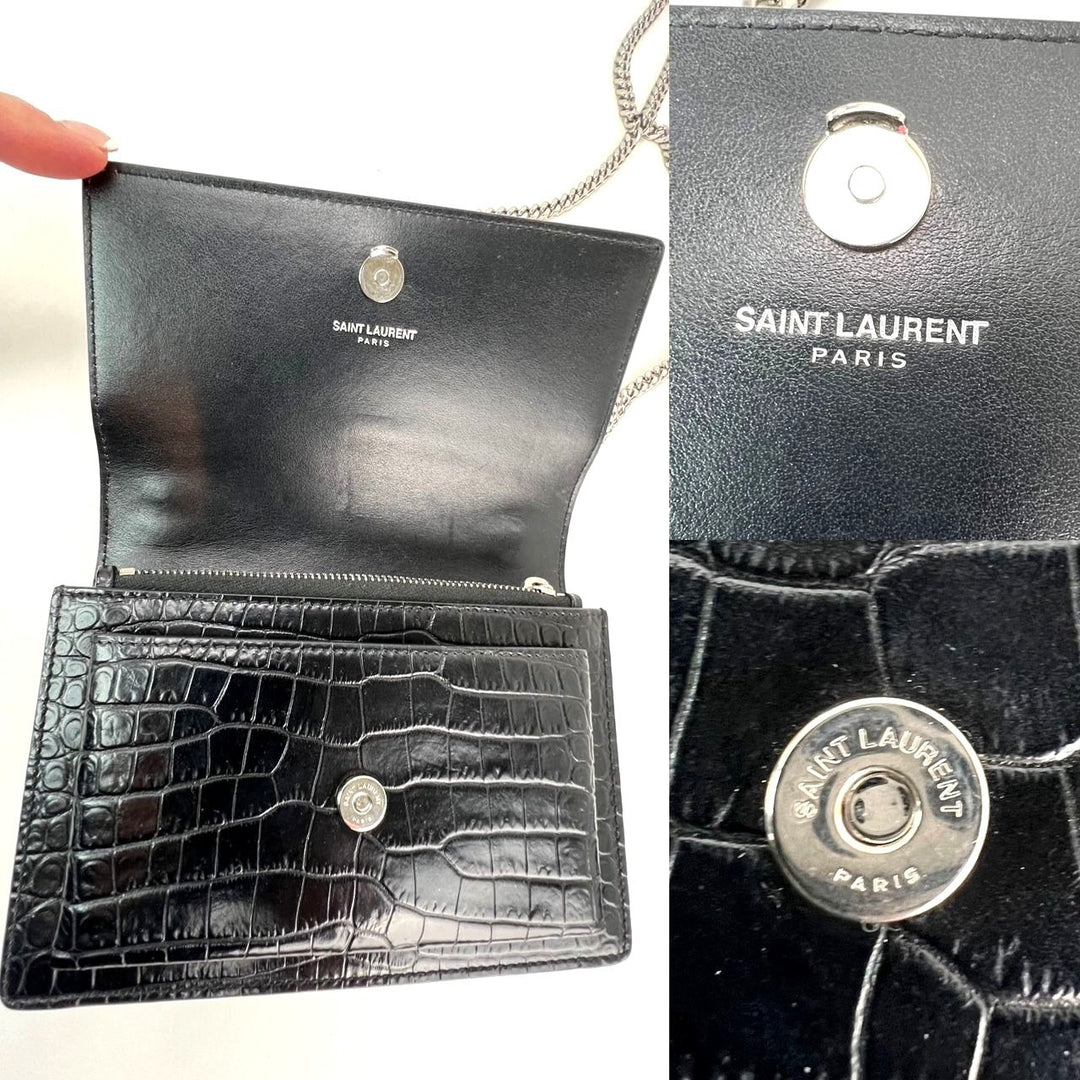 Saint Laurent Black Leather Sunset Wallet on a Chain Crocodile Embossed Bag