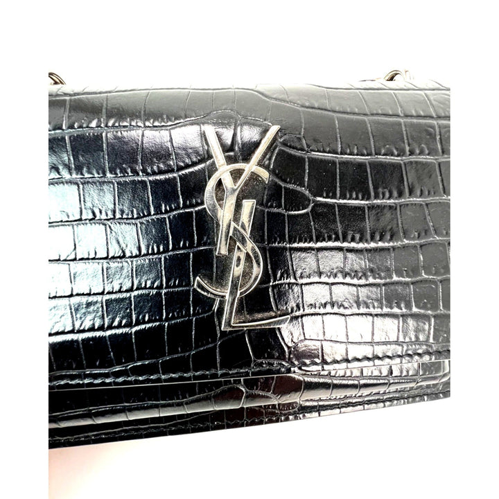 Saint Laurent Black Leather Sunset Wallet on a Chain Crocodile Embossed Bag