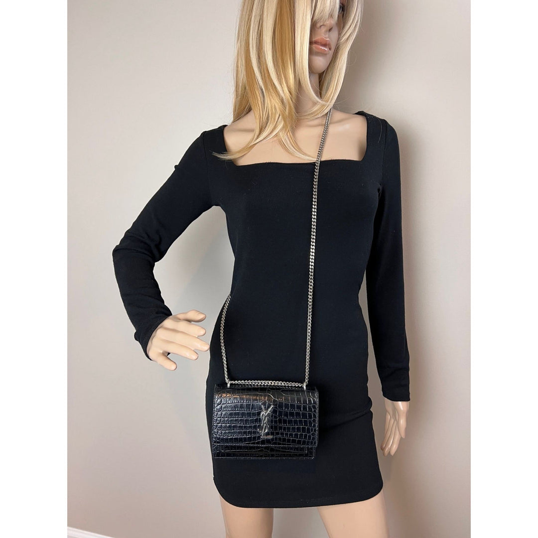 Saint Laurent Black Leather Sunset Wallet on a Chain Crocodile Embossed Bag