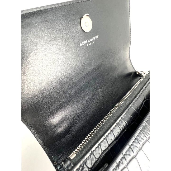 Saint Laurent Black Leather Sunset Wallet on a Chain Crocodile Embossed Bag