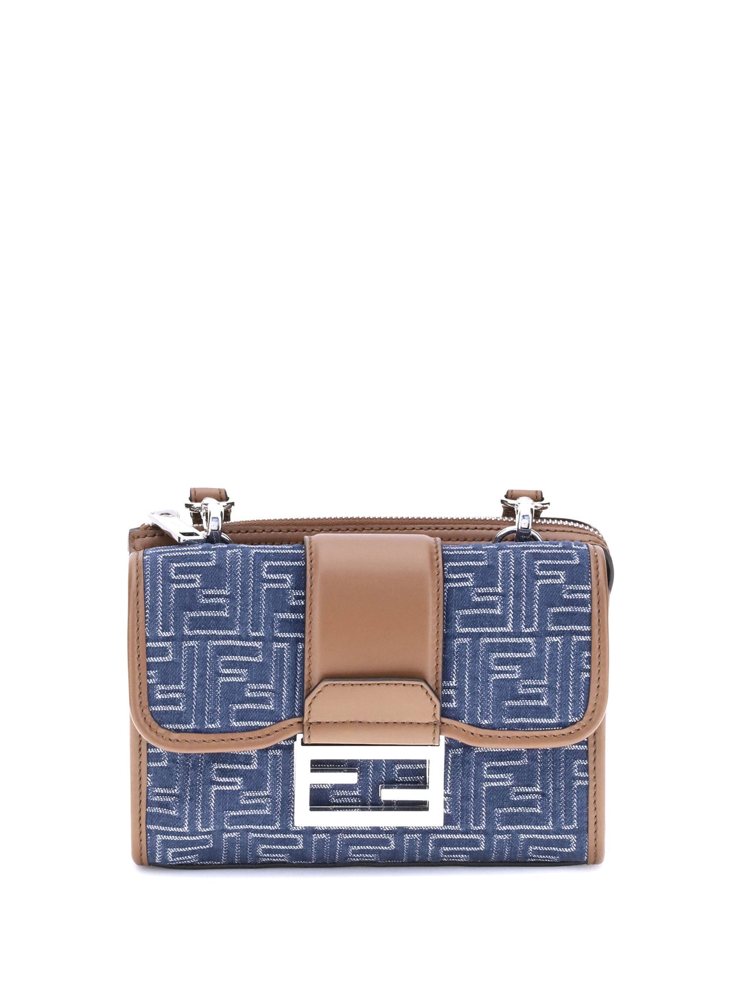 Blue patterned handbag with brown accents on a white background
