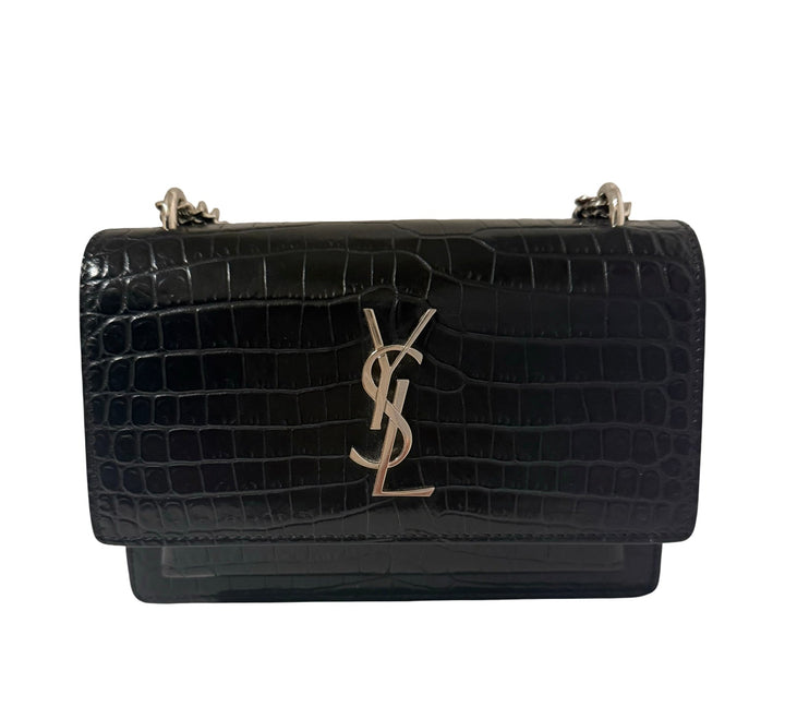 Saint Laurent Black Leather Sunset Wallet on a Chain Crocodile Embossed Bag