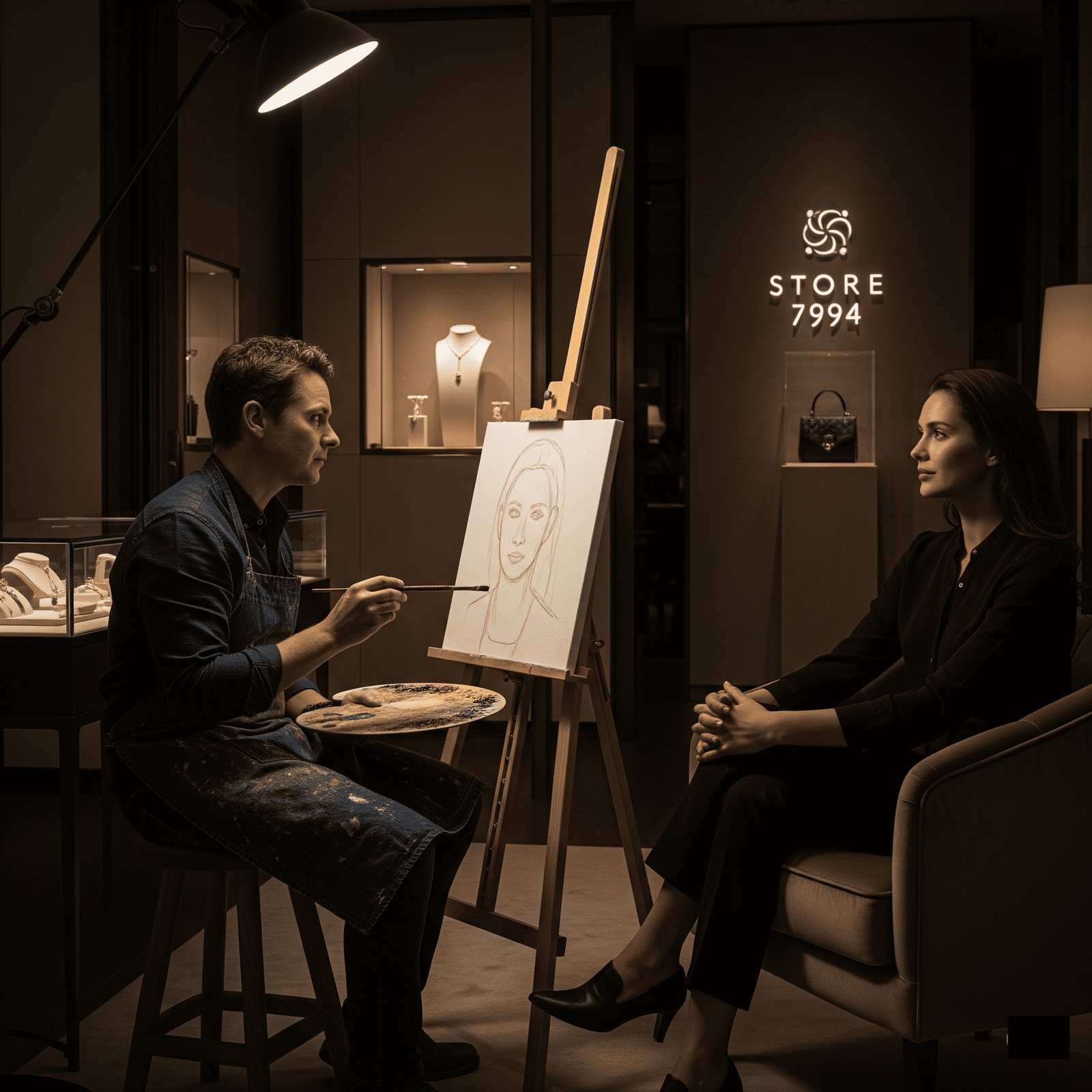 Artist painting a portrait of a woman in a dimly lit room with 'Store 7994' sign.