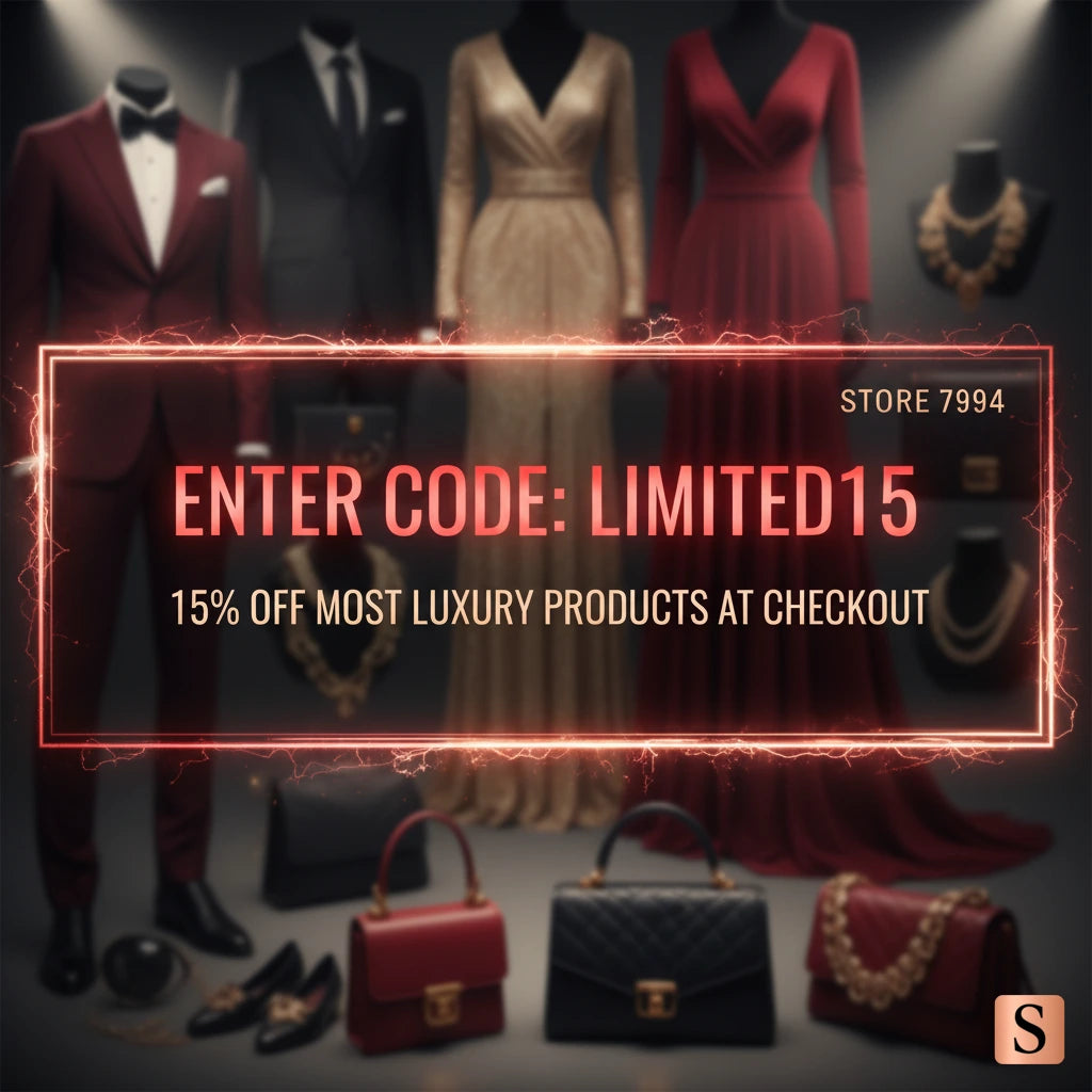 Promotional image with luxury clothing and accessories and a discount code overlay.