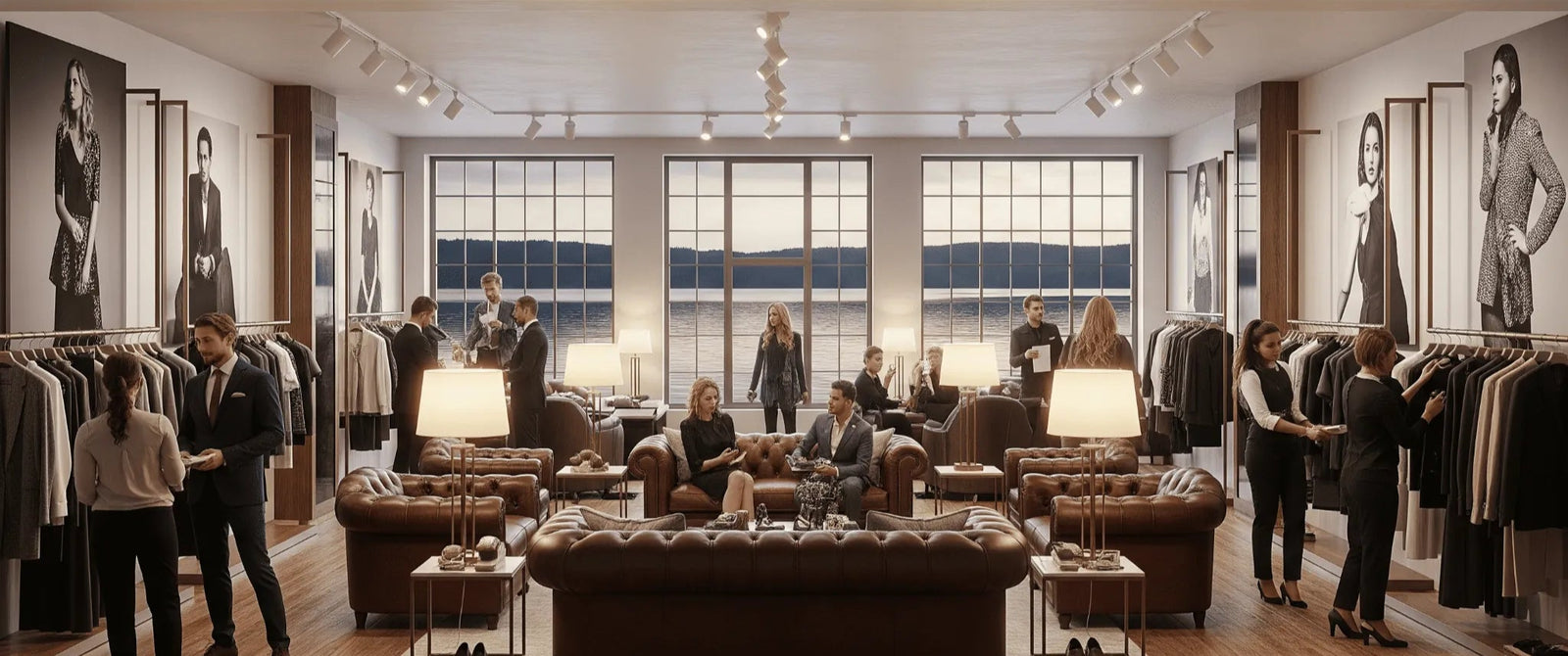 Interior of a clothing store with customers and staff, featuring large windows and branded posters.