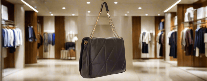 A brown leather Saint Laurent shoulder bag with a gold chain strap displayed in a store.