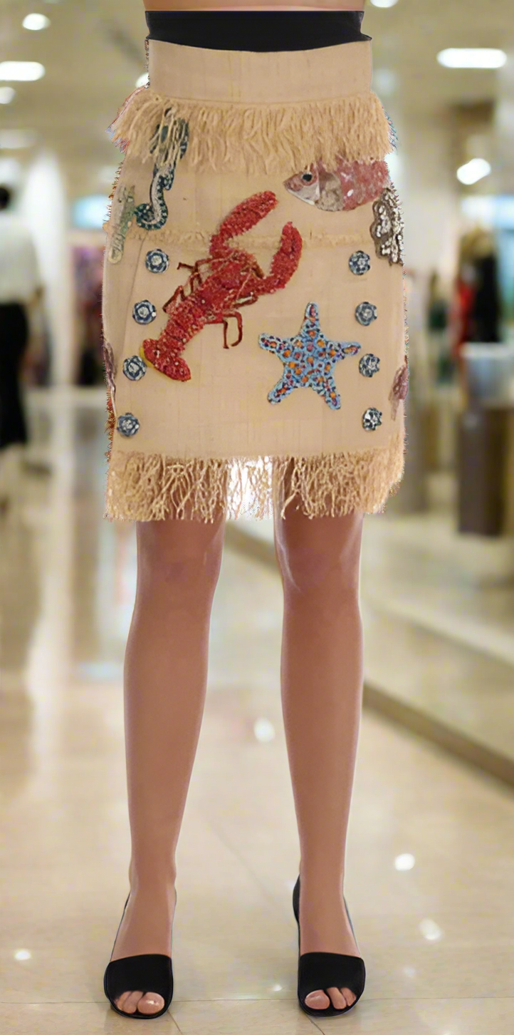 DOLCE & GABBANA CRYSTAL BEIGE PALM FIBER SKIRT