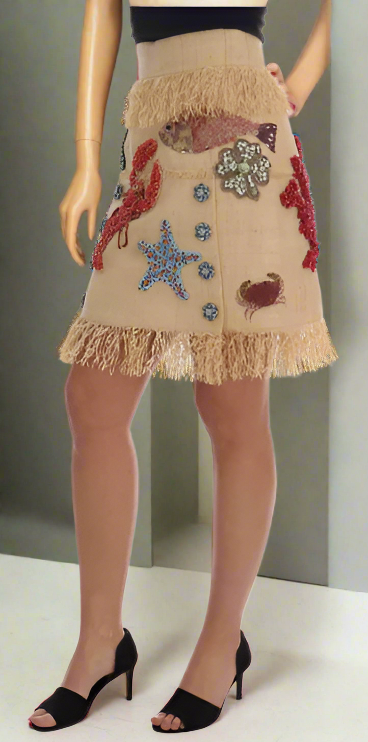 DOLCE & GABBANA CRYSTAL BEIGE PALM FIBER SKIRT