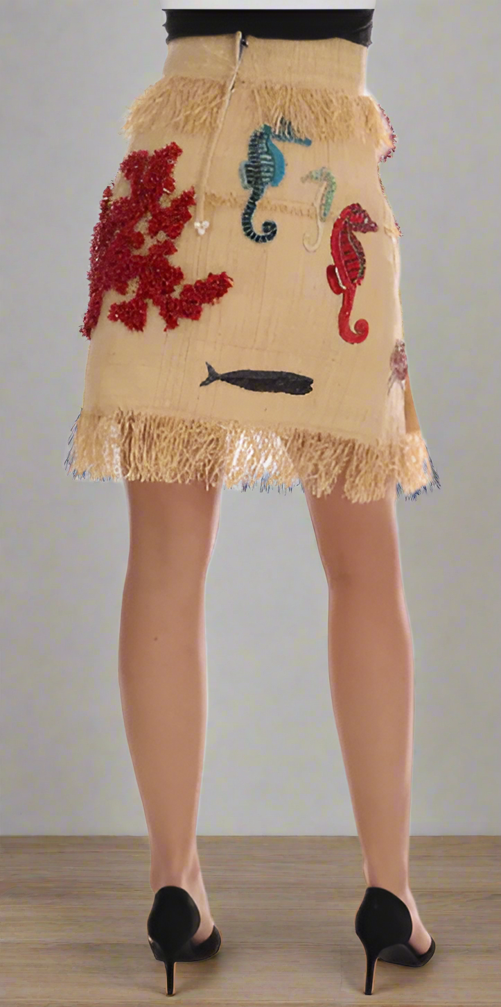 DOLCE & GABBANA CRYSTAL BEIGE PALM FIBER SKIRT