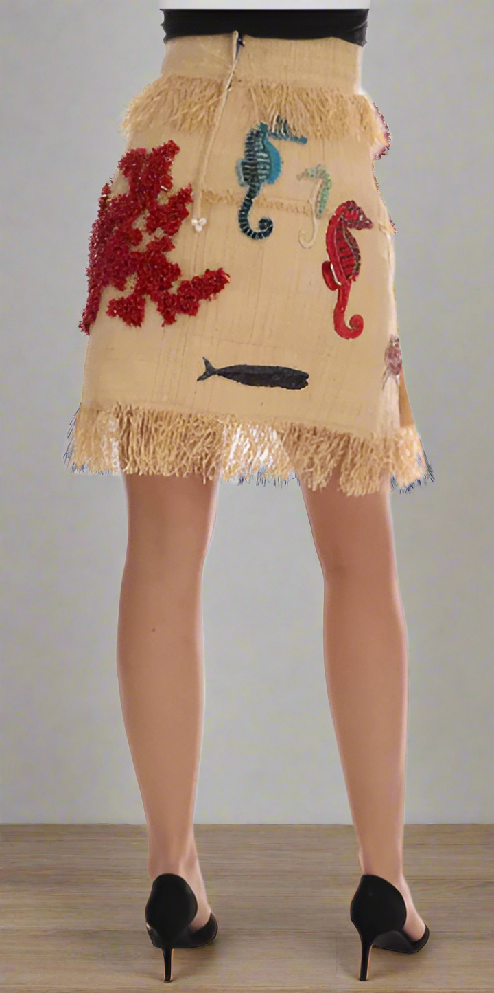 DOLCE & GABBANA CRYSTAL BEIGE PALM FIBER SKIRT