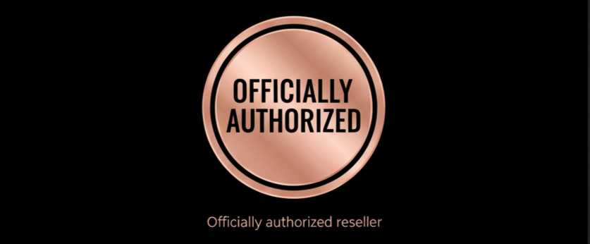 Black sign with a rose gold 'Officially Authorized' badge on a white background