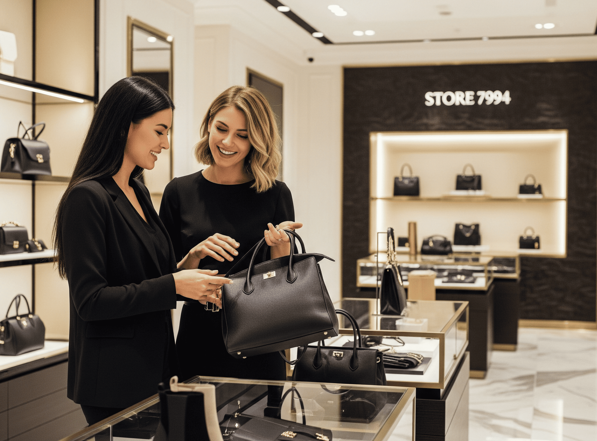 Two women in a high-end store looking at handbags