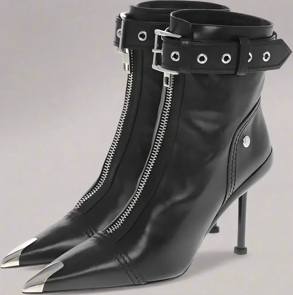 Alexander McQueen Front Zipped Leather Booties with Stiletto Heel 10cm