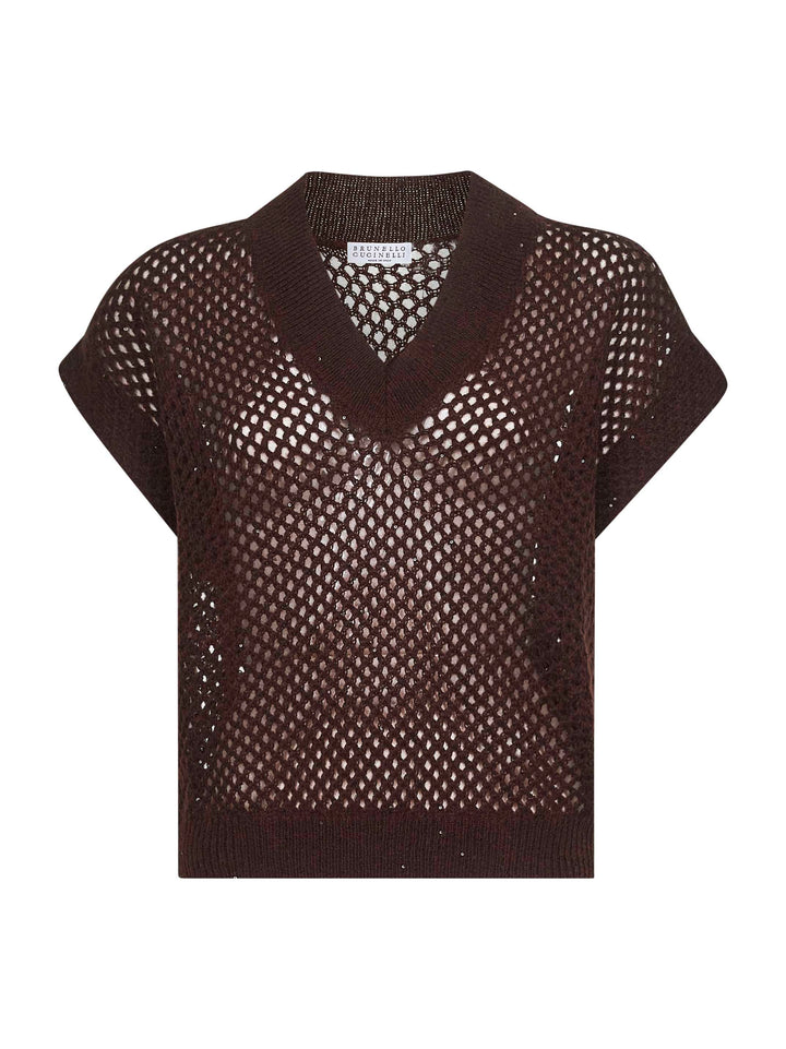Brunello Cucinelli Women Brown Dazzling Mesh V-Neck Sweater