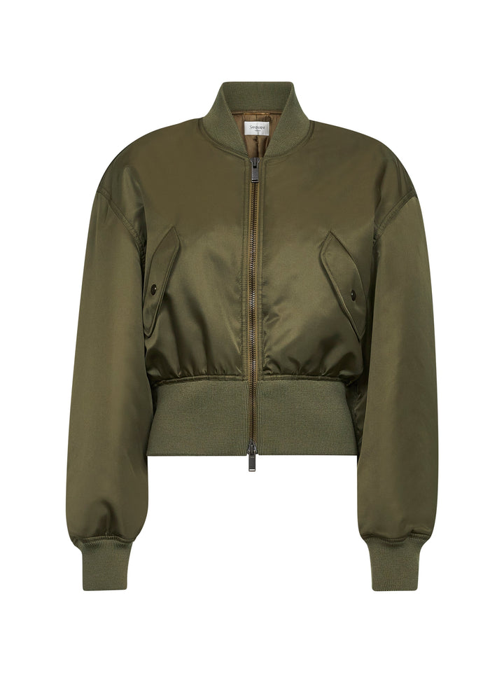 Saint Laurent Women Khaki Recycled Nylon Short Padded Bomber Jacket