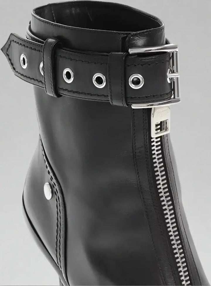 Alexander McQueen Front Zipped Leather Booties with Stiletto Heel 10cm