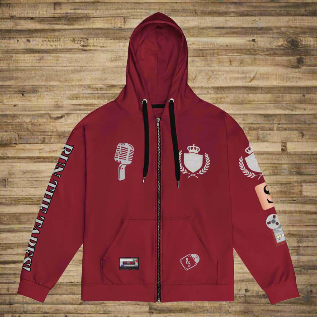 "THE TAPE MASTERS" burgundy Unisex zip hoodie