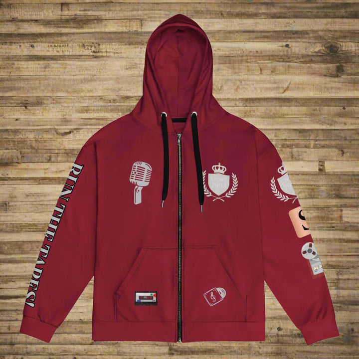 "THE TAPE MASTERS" burgundy Unisex zip hoodie