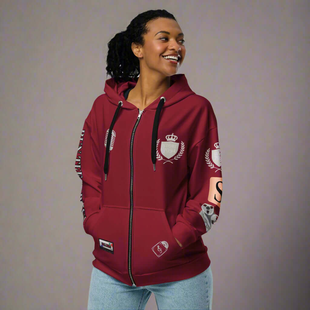 "THE TAPE MASTERS" burgundy Unisex zip hoodie