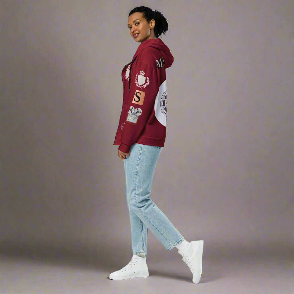 "THE TAPE MASTERS" burgundy Unisex zip hoodie