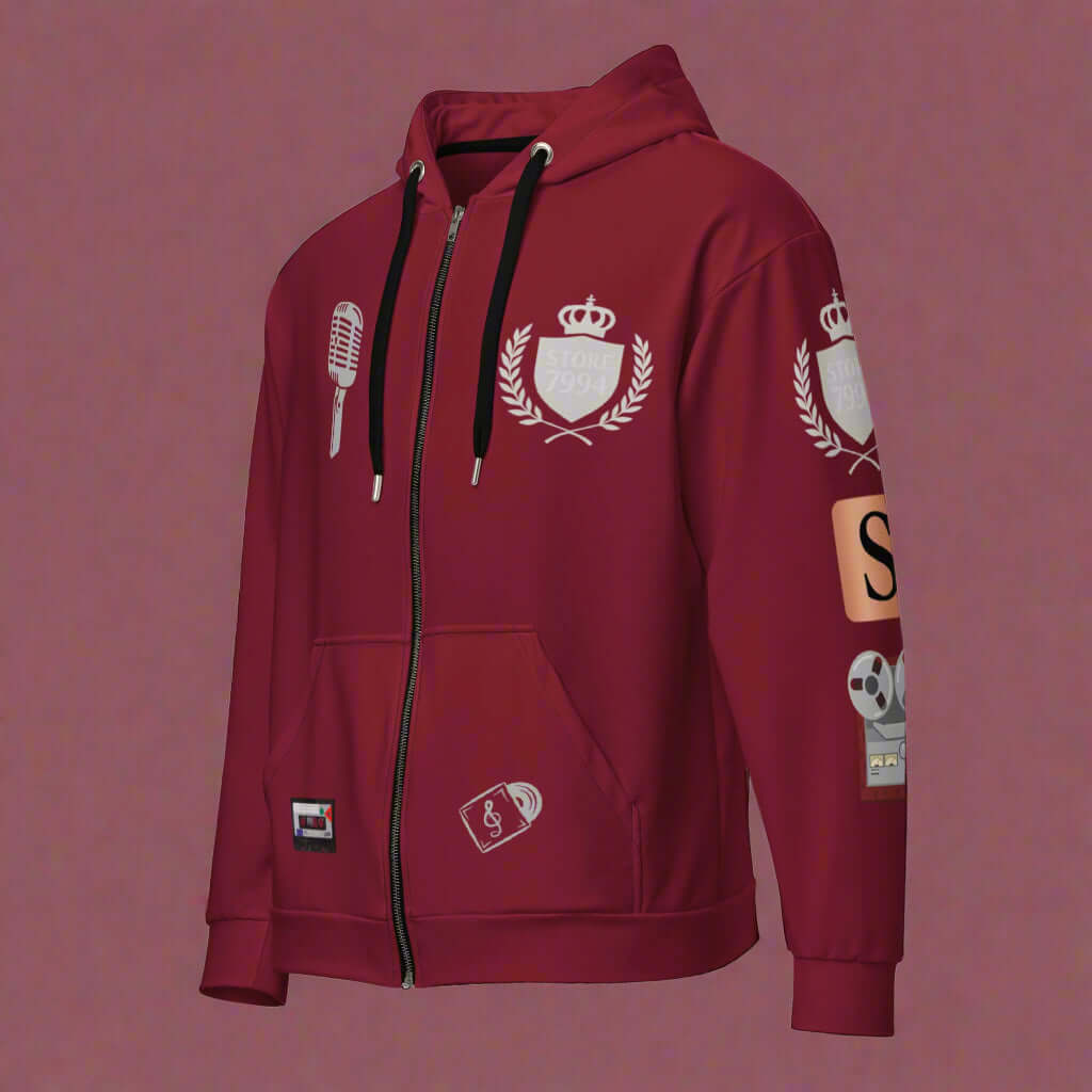 "THE TAPE MASTERS" burgundy Unisex zip hoodie