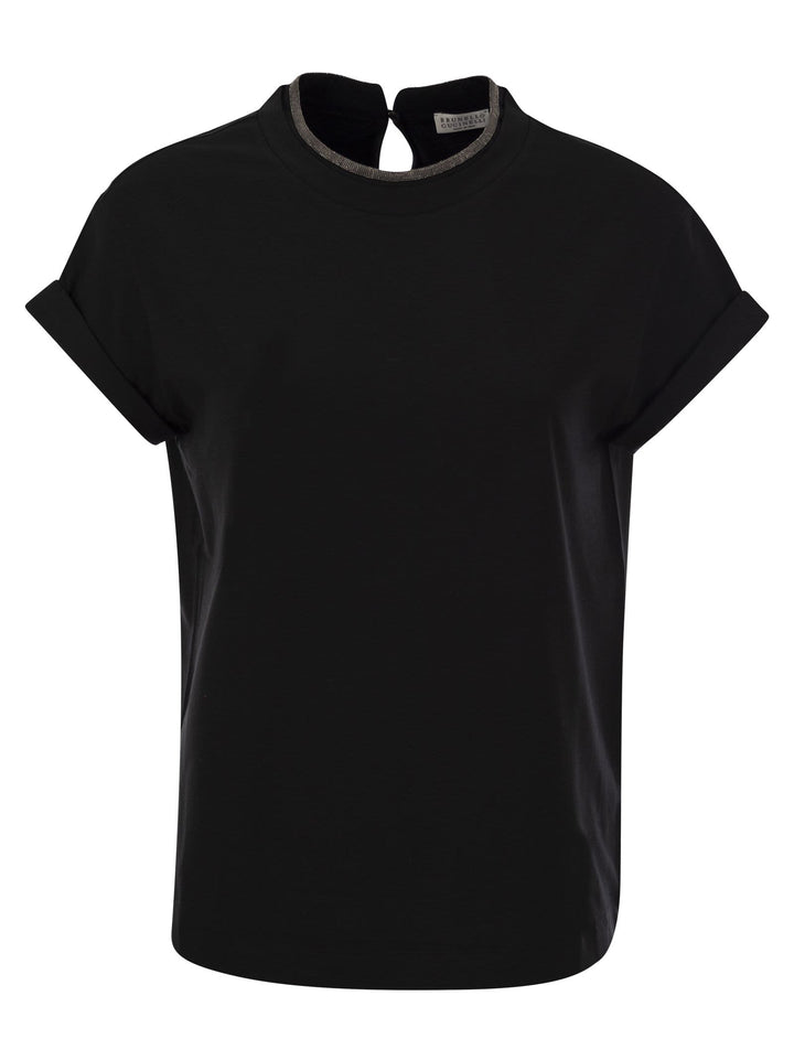 Brunello Cucinelli Women Stretch Cotton Jersey T-Shirt With Precious Faux-Layering