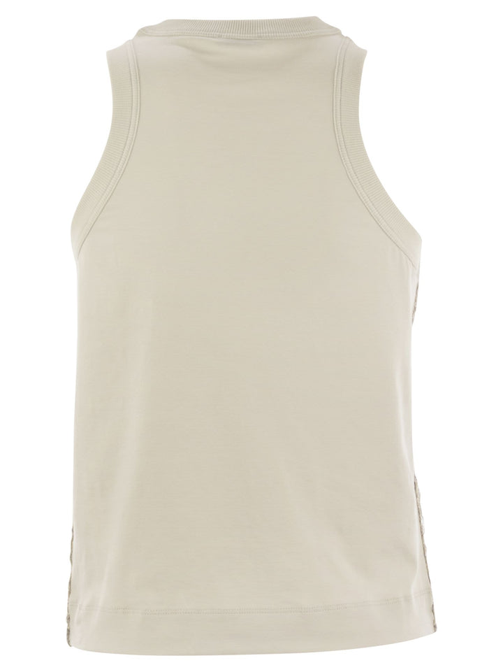 Brunello Cucinelli Women Stretch Cotton Jersey Top With Dazzling Net Embroidery