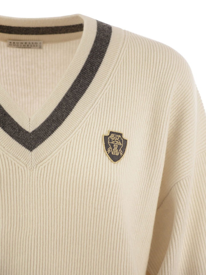 Brunello Cucinelli Women Ribbed Cashmere Sweater With Contrasting Stripe