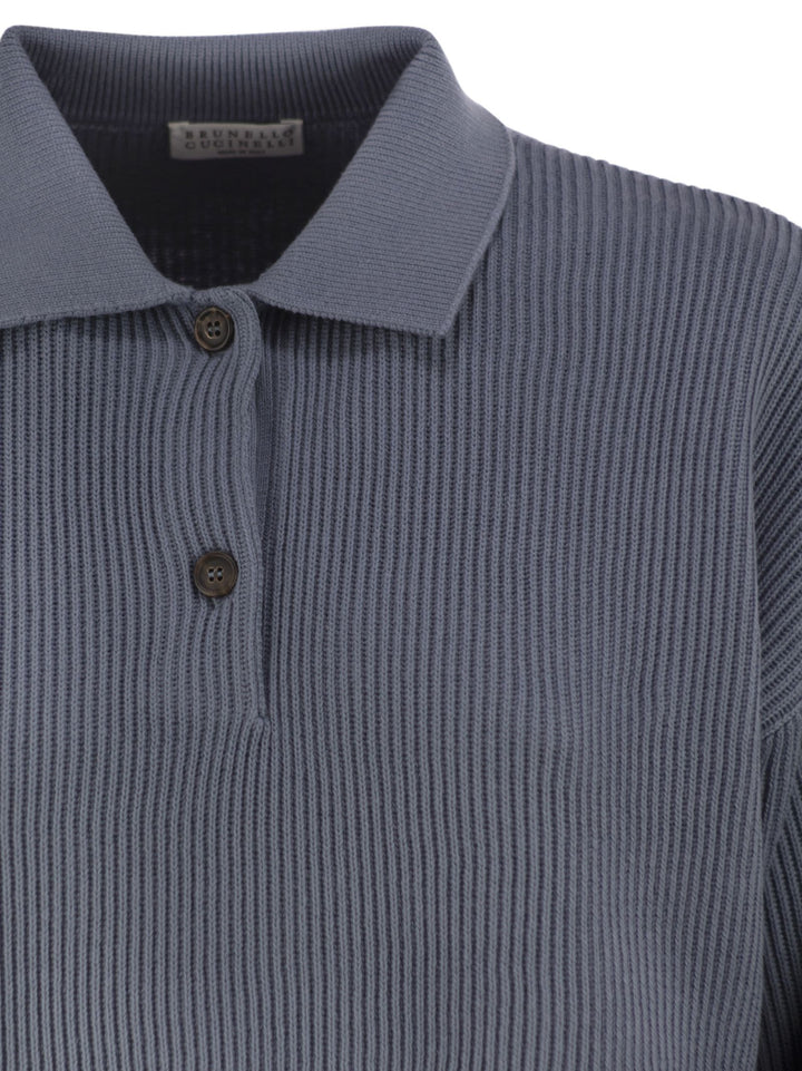 Brunello Cucinelli Women English Rib Cotton Polo-Style Jersey With Jewellery