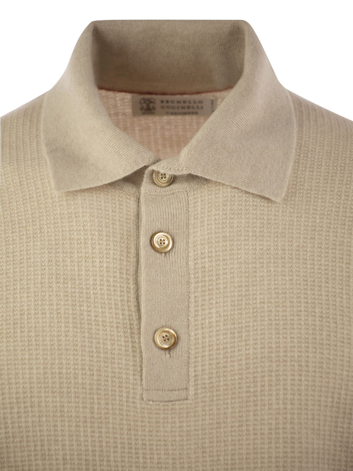 Brunello Cucinelli Men Waffle Stitch Cashmere Knit Polo Shirt With Long Sleeve