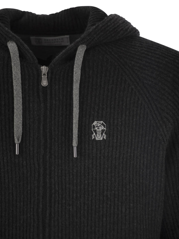 Brunello Cucinelli Men English Rib Cashmere Knit Hooded Topwear