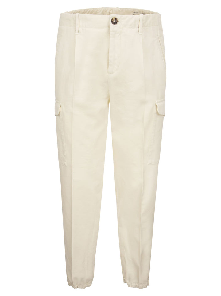 Brunello Cucinelli Men Ergonomic Fit Trousers In Garment-Dyed Comfort Cotton Drill With Darts, Cargo Pockets And Zip At Hem
