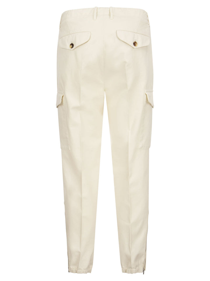 Brunello Cucinelli Men Ergonomic Fit Trousers In Garment-Dyed Comfort Cotton Drill With Darts, Cargo Pockets And Zip At Hem