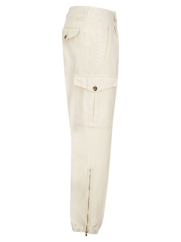 Brunello Cucinelli Men Ergonomic Fit Trousers In Garment-Dyed Comfort Cotton Drill With Darts, Cargo Pockets And Zip At Hem