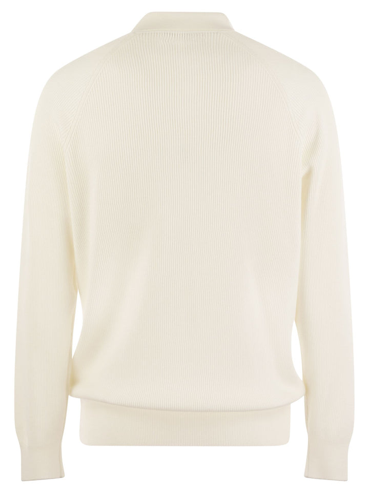Brunello Cucinelli Men Cotton Rib Knit Polo Shirt With Long Raglan Sleeve