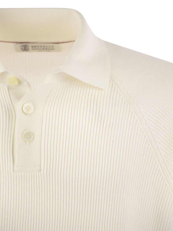 Brunello Cucinelli Men Cotton Rib Knit Polo Shirt With Long Raglan Sleeve